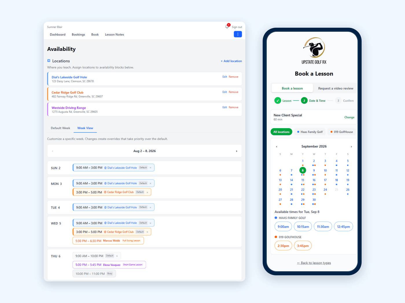 The intelliLesson availability screen showing three colour-coded teaching locations above a week of availability blocks with booked lessons, beside a phone showing a client's booking page with available times grouped by location