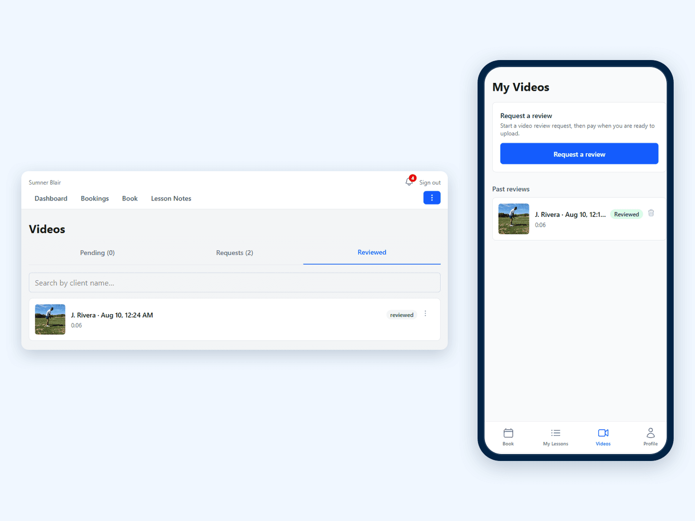 The intelliLesson video review queue showing a reviewed practice swing with its thumbnail and a green reviewed status, beside a phone showing the client's own video list with the same swing marked Reviewed